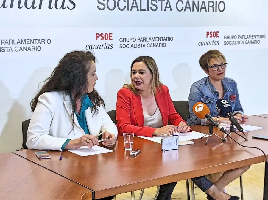La activista y diputada socialista en la Asamblea de Madrid, Carla Antonelli, la portavoz del Grupo Parlamentario Socialista, Dolores Corujo, y la vicesecretaria general del PSOE de Canarias, Elena M&aacute;&ntilde;ez,
