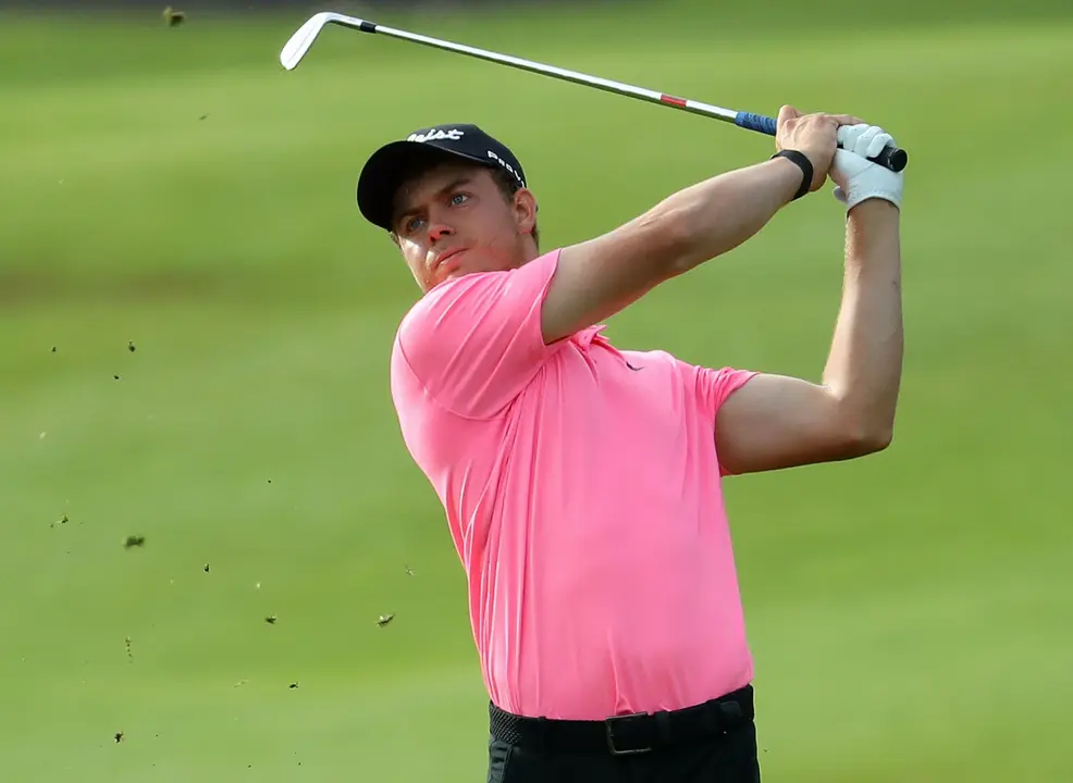 TENERIFE, SPAIN - APRIL 29:  Eduard Rousaud of Spain plays his second shot into the 18th green during the first round of the Tenerife Open at Golf Costa Adeje on April 29, 2021 in Tenerife, Spain. (Photo by Warren Little/Getty Images)