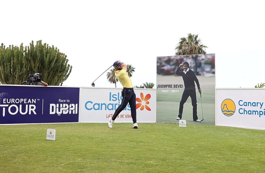 TENERIFE, SPAIN - MAY 07: Adri Arnaus of Spain tees off on the 1st hole in front of a photograph of Seve Ballesteros to mark ten years since his passing during Day Two of the Canary Islands Championship at Golf Costa Adeje on May 07, 2021 in Tenerife, Spain. (Photo by Andrew Redington/Getty Images)