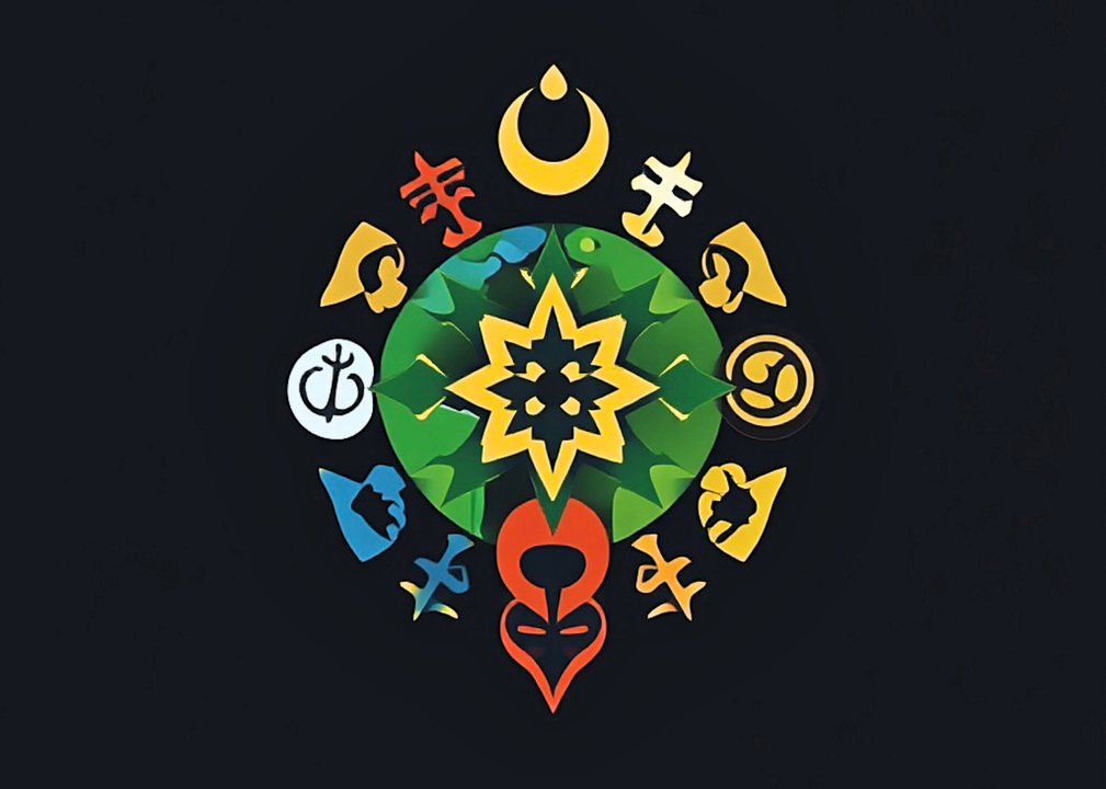 Logo generado por la IA mezclando los s&iacute;mbolos de las principales religiomes del mundo