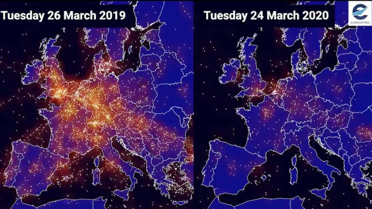 Mapa descenso trafico aereo europa coronavirus, eurocontrol (sol del sur tenerife, 25 marzo 2020)
