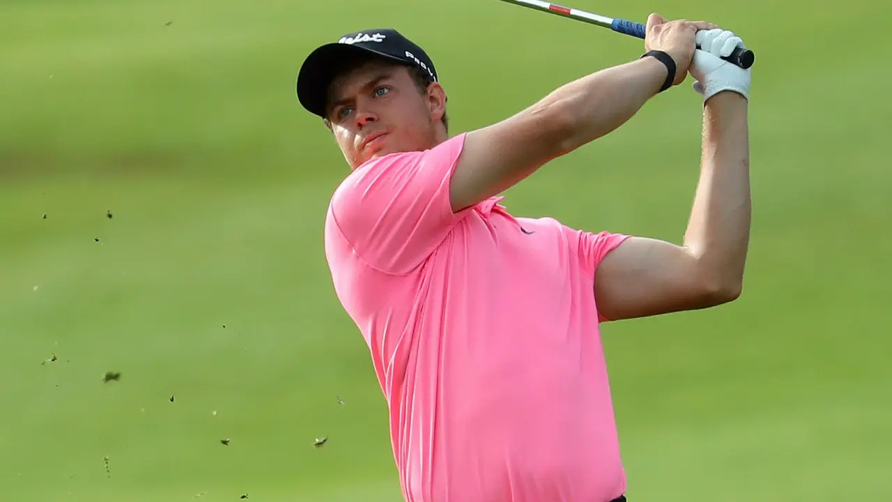 TENERIFE, SPAIN - APRIL 29:  Eduard Rousaud of Spain plays his second shot into the 18th green during the first round of the Tenerife Open at Golf Costa Adeje on April 29, 2021 in Tenerife, Spain. (Photo by Warren Little/Getty Images)