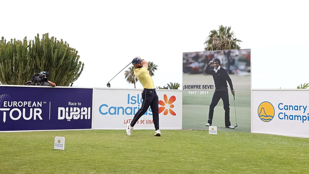 TENERIFE, SPAIN - MAY 07: Adri Arnaus of Spain tees off on the 1st hole in front of a photograph of Seve Ballesteros to mark ten years since his passing during Day Two of the Canary Islands Championship at Golf Costa Adeje on May 07, 2021 in Tenerife, Spain. (Photo by Andrew Redington/Getty Images)
