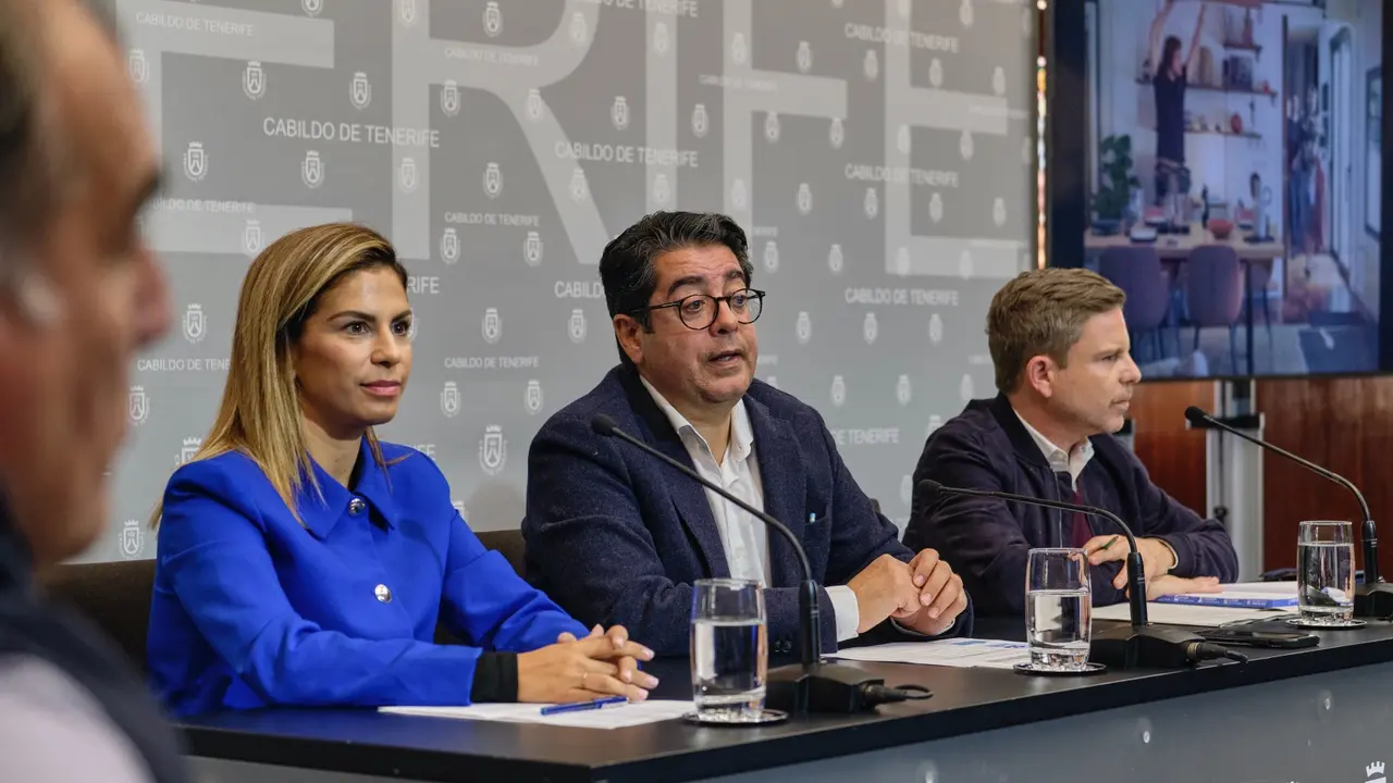 Rueda prensa sal&oacute;n noble. Presidente, Pedro Mart&iacute;n, DI Turismo, Laura Castro, consejero delegado Turismo Tenerife, David P&eacute;rez. Filmcommission