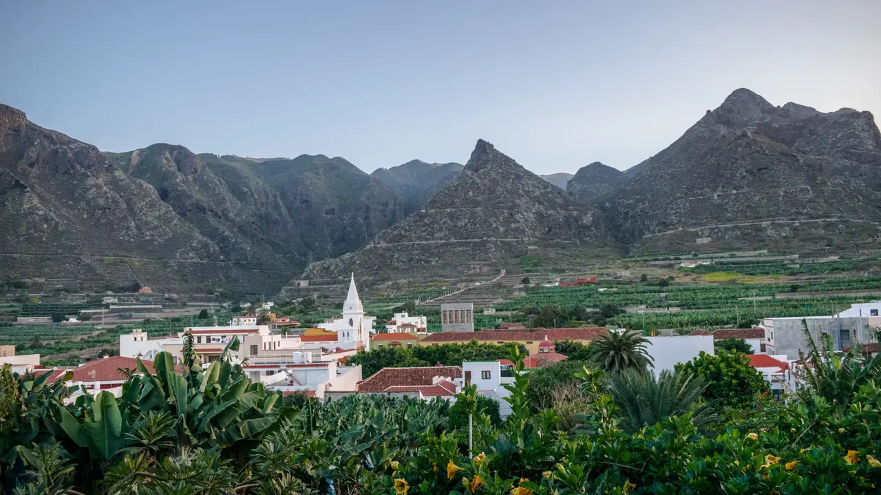 Los Silos village landscape, with mountains background, and sunset light, Tenerife, Canary islands, Spain