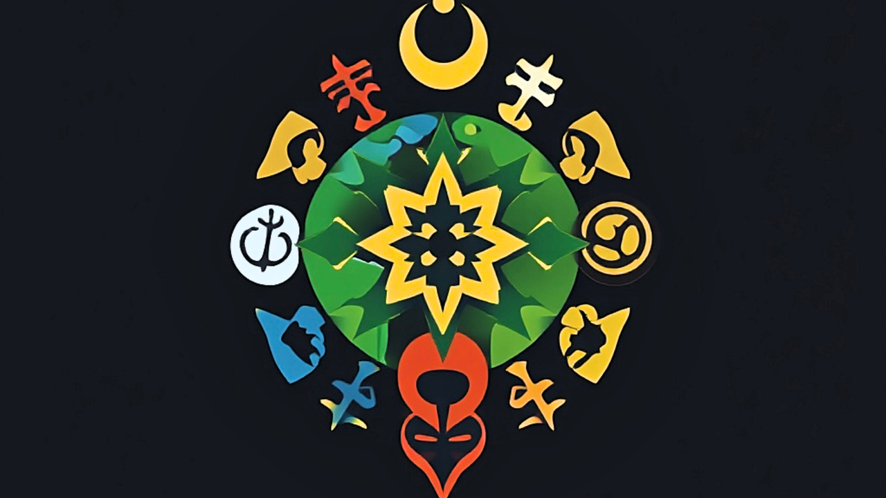 Logo generado por la IA mezclando los s&iacute;mbolos de las principales religiomes del mundo