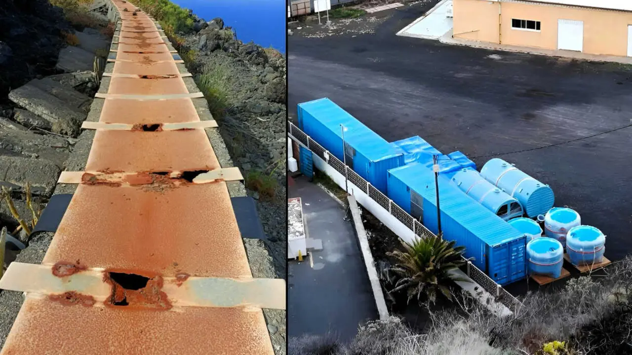 mal estado del canal LP1 (idqda) y m&oacute;dulos y material almacenado por el Consejo Insular de Aguas en la zona de la depuradora comarcal Las Bre&ntilde;as Mazo, que iban a instalarse en terrenos de Canopalma (drcha)